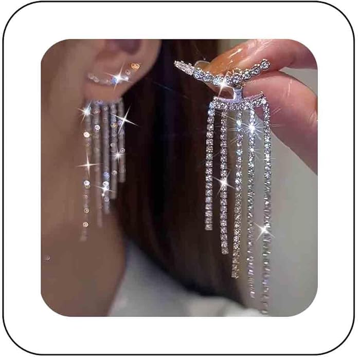 Vintage Rhinestone Chandelier Drop Earrings Crystal Ear Climber Earrings Long Tennis Chain Earrings Silver Cz Tennis Chain Tassel Earrings Jewelry for Women