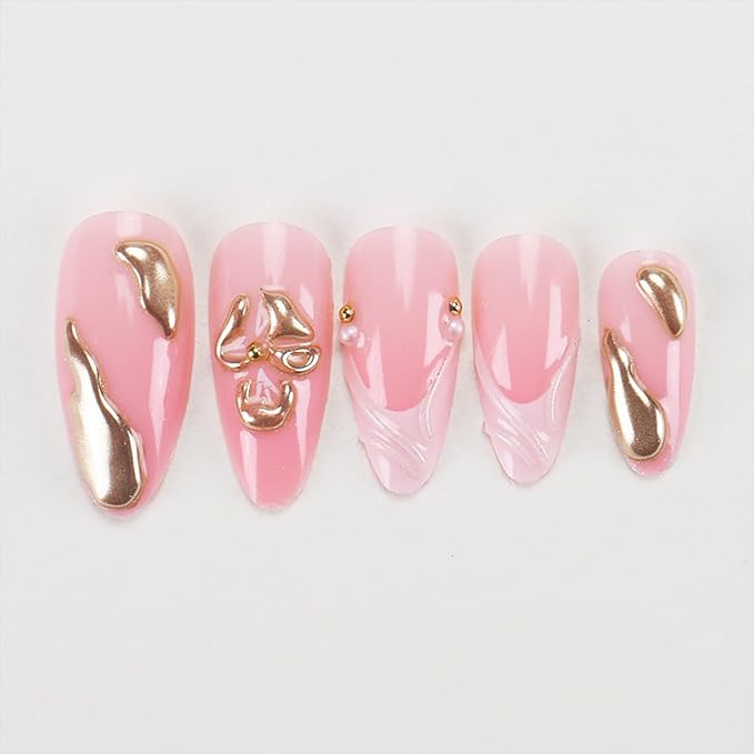 24Pcs Flower Press on Nails Medium Almond French Tip Fake Nails with White 3D Ripple Design Gilding Pearl False Nails Full Cover Artificial Glue on Nails Spring Summer Stick on Nails for Women DIY