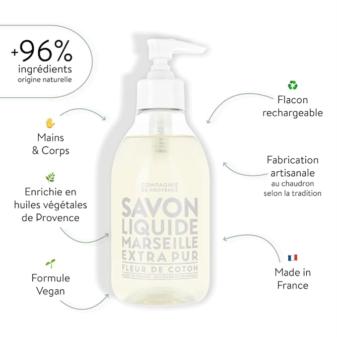 Compagnie de Provence Savon de Marseille Extra Pure Liquid Soap - Cotton Flower - 10 Fl Oz Plastic Pump Bottle