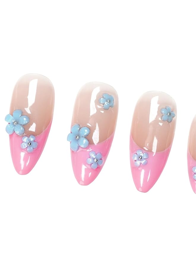 Pink Blue French Tip Press On Nails Flower Medium Almond-3D Floral Handmade Nude-Salon Gel Acrylic Full Set 10pcs Reusable(Floral Fantasy, Size S)