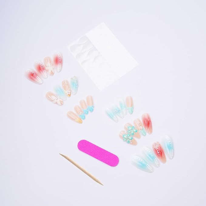 24Pcs Summer Press on Nails Medium Almond Fake Nails with Butterfly Pearl Designs 3D Starfish Stick on Nail Beach Waves False Nail Cute Flower Acrylic Nail Blue French Tip Glue on Nails for Women