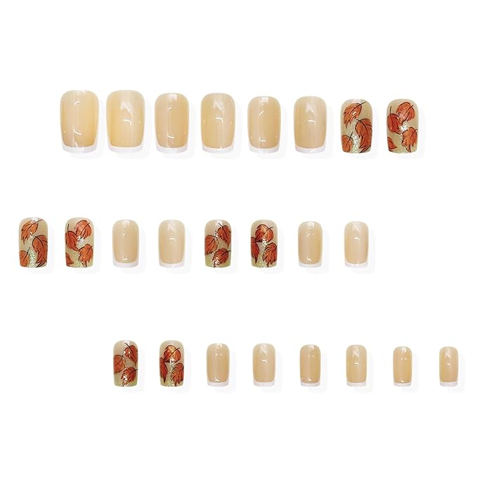 24Pcs Fall Press on Nails Short Square Thanksgiving Fake Nails with Glitter Autumn Maple Leaves False Nails French Tip Stick on Nails Fall Artificial Acrylic Nail Tips for Women Holiday Nail Decor