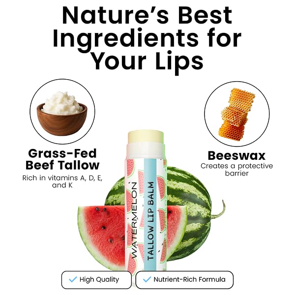 Tallow Lip Balm by Cattle Creek – Organic, All-Natural Ingredients, Long-Lasting Moisture and Hydration for Dry, Cracked, and Chapped Lips, Soothing Formula for Soft Skin (Pack of 3, Watermelon)