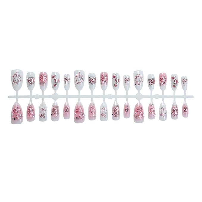 30Pcs Pink Press on Nails Medium Almond Fake Nails with Pink Rhinestones Heart Bow Design Shiny False Nails White Full Cover Acrylic Artificial Nails 3D Pearl Stick on Nail for Women Manicure