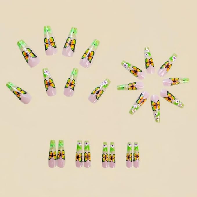 Coffin Press on Nails Long Length with Butterfly Design French Tip Nails Green Acrylic Nails for Women 24pcs
