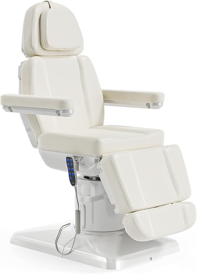 OmySalon Electrical Facial Beauty Spa Medical Treatment Bed, 120° Rotation Massage Tattoo Dental Aesthetic Chair with 3 Motors & Remote Control, Off White
