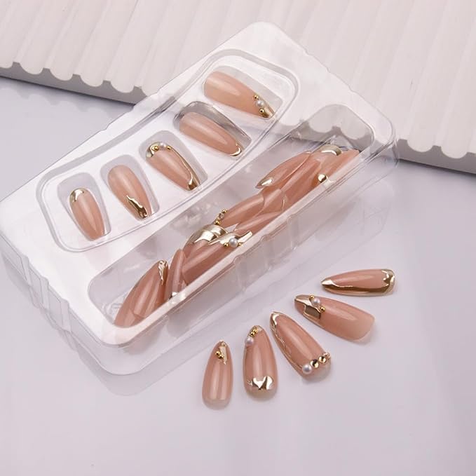 Press on Nails Almond Fake Nails French Tip False Nails Press ons Medium Gold Line Glue on Acrylic Nails Glossy Full Cover for Women Manicure Decoration 24Pcs