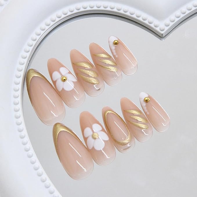 Medium Almond Press on Nails Gold French Tip Fake Nails White Flower Press ons Luxury Stiletto Glue on Nails 3D Gilded Lines Pearls Design Acrylic Glossy False Nails for Women Girls 24Pcs