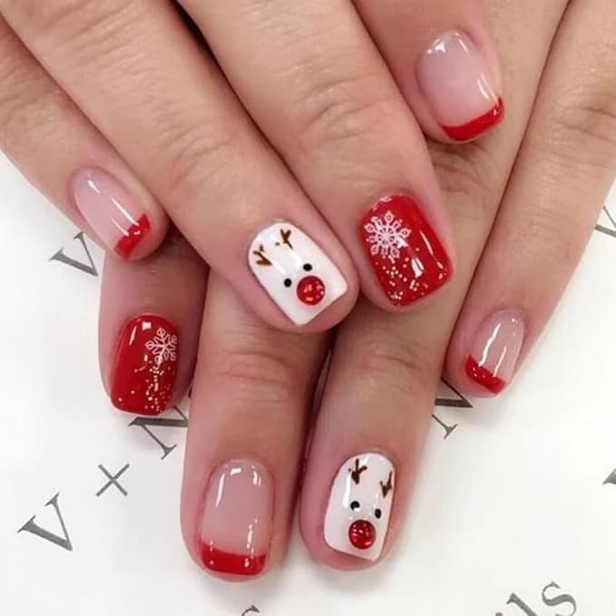 6 Packs (144 Pcs) Christmas Press on Nails - Square, Red, Short, Medium, Snowflake False Nails - Glue on, Fake, Stick on Nails for Women - 12 Sizes, 6 Styles