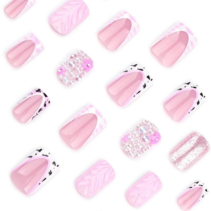 French Press on Nails Medium Long Pink Fake Nails Square Bling Glossy 3D Flower Design False Nail Tips Artificial Nails Finger Manicure for Women and Girls-24pcs