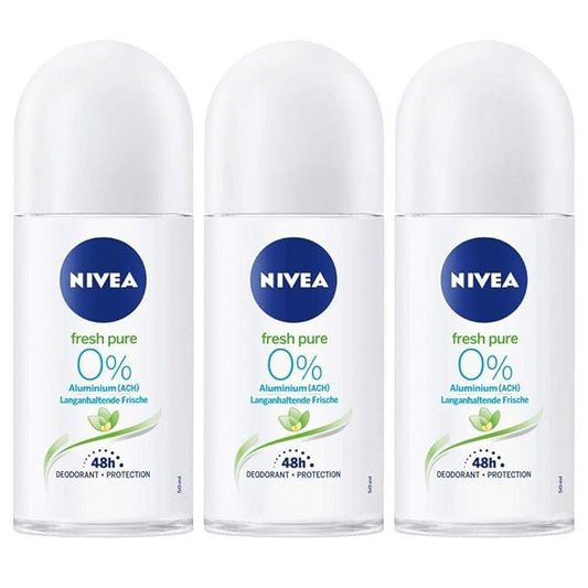 Nivea Fresh Pure Roll-On Deodorant 0% Aluminum Salts- PACK OF 3 X 50 ml ea
