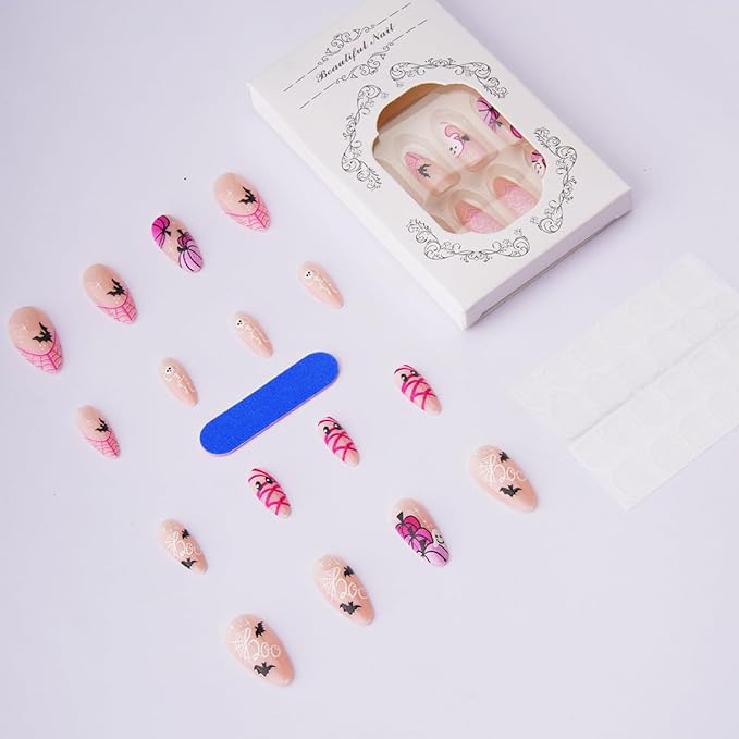 24Pcs Halloween Press On Nails Short Almond Fake Nails Pink Pumpkin Spiders Web Bat Designs Full Cover Artificial Stick on Nails Cute Ghost False Nails for Women Girls Acrylic Manicure Decorations