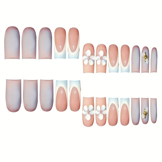 Coffin Press on Nails Medium Square Fake Nails with Cute Floral Design Full Cover Spring Stick on Nails Ripple French Tip False Nails Glossy Acrylic Nails for Women Girls Manicure Salon 24Pcs