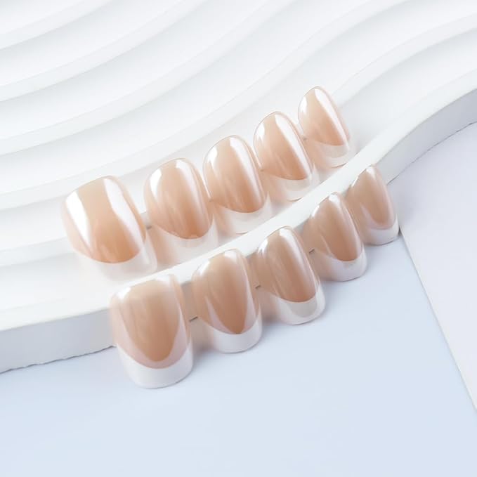 Press On Nail, French Tip Chrome Acrylic Press On Nails Short Square, Designer Reusable Glazed Fake Nails, Glossy Soft Gel Nails Wedding and Party, Stick On Glue On Nails Press Ons for Women