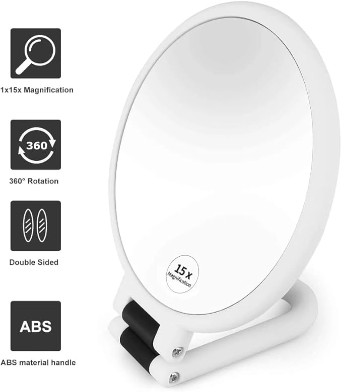 1X 5X Handheld Mirror with Handle for Travel， Magnifying Mirror, Magnification, Rotation Adjustable Handle, Double Sided Folding, Mirror for Women for Eyes Makeup Travel Shaving (White)