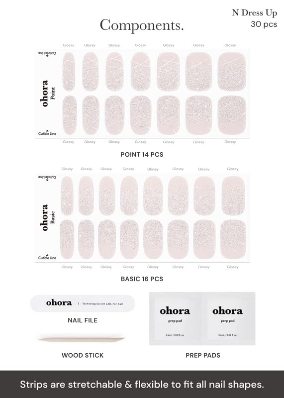 ohora Semi Cured Gel Nail Strips (N Dress Up) - White, Patterned, Works with Any UV/LED Lamps, Salon-Quality, Long Lasting, Easy to Apply & Remove - Includes 2 Prep Pads, Nail File & Wooden Stick