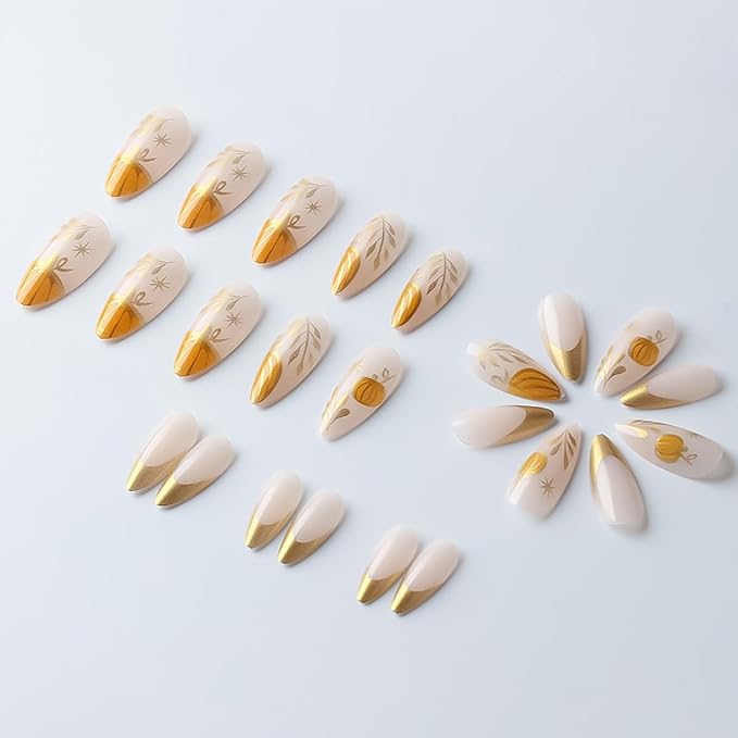 24Pcs Gold French Tip Fake Nails Fall Press on Nails Medium Almond False Nail Gold Star Pumpkin Acrylic Nail Artificial Autumn Maple Leaf Stick on Nail Thanksgiving Glue on Nails for Women