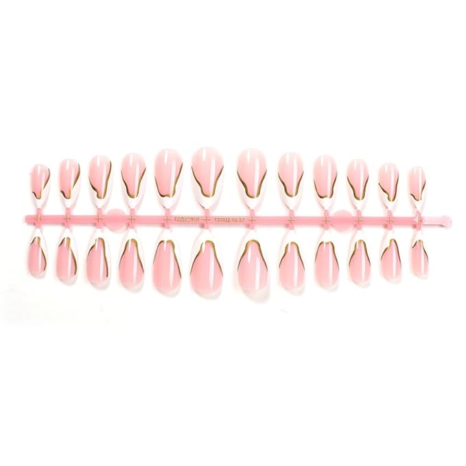 White French Tip Press on Nails Medium Almond Fake Nails with Gold Line Design Stick on Nails Glossy False Nails Artificial Full Cover Acrylic Glue On Nail for Women Nail Art Decoration 24Pcs