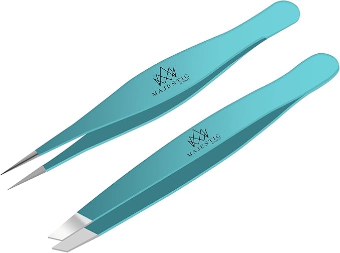 Majestic Bombay Fine Point + Slant Tweezers for Women and Men – Splinter Ticks, Facial, Brow and Ingrown Hair Removal–Sharp, Needle Nose, Surgical Tweezers Precision best tweezers for chin hair