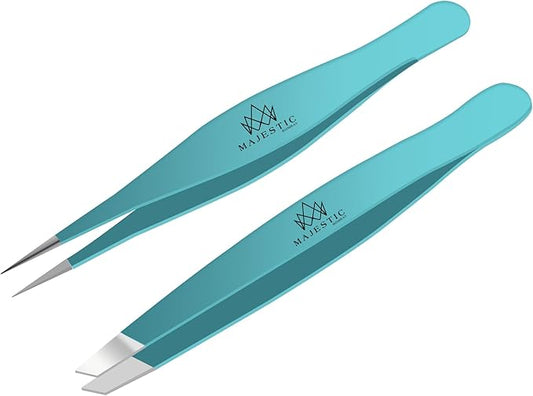 Majestic Bombay Fine Point + Slant Tweezers for Women and Men – Splinter Ticks, Facial, Brow and Ingrown Hair Removal–Sharp, Needle Nose, Surgical Tweezers Precision best tweezers for chin hair