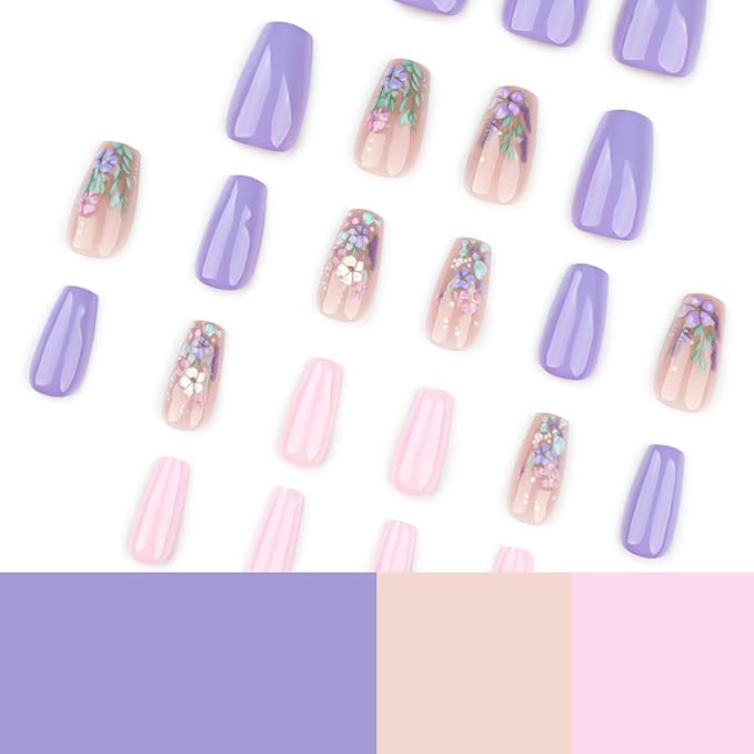 Spring Flower Press-on Nails, Coffin Shape Fake Nails, Purple Lavender and Pink Floral 3D Design Artificial Nails, Medium Length Glue on Nails for Women Girls, 24 Pieces