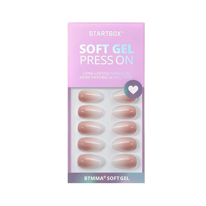 Almond Press On Nails Medium - BTArtbox Soft Gel Ombre Fake Nails with Nail Glue, Semi-Transparent Reusable Glue On Nails in 16 Sizes - 32PCS Stick On Nails Kit, Vanilla Cream Almond