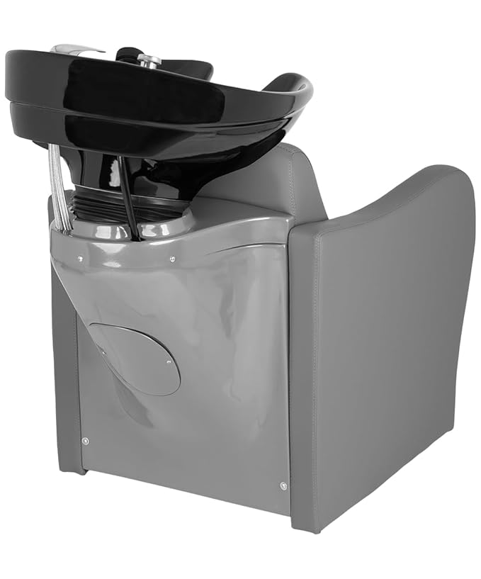 Buy-Rite Lexus Backwash Unit with Tilting Black Porcelain Shampoo Bowl, Extra Wide Foam Padded Seat, Kick-Out Leg Rest & European Style Single Handle Faucet - Gray Salon Shampoo Chair, TS-8018B