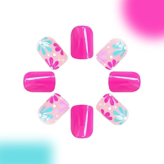2 Packs 48Pcs Flowers Press On Short Square Fake Nails - Spring Floral Design False Glossy Cute Acrylic Full Cover, Glue Stick On for Women's Manicure & Nail Art Set