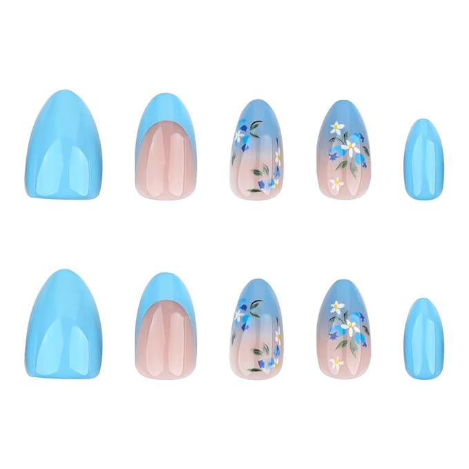24Pcs Blue Press on Nails Medium Almond Nails French Tip Fake Nails with Floral Spring Summer False Nails Gradient Designs Glue on Nails Blue Flower Acrylic Nails Full Cover Nail Tips for Women