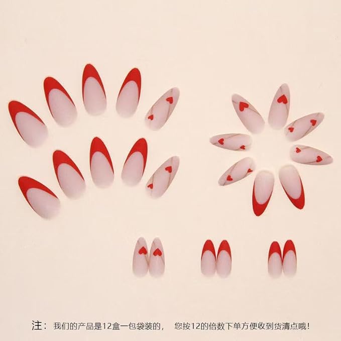 2 Packs 48Pcs Almond Press on Nails Medium Valentine's Day Fake Nails Red Black French Tip Nails Press on Heart Love False Nails Reusable Artificial Acrylic Nails for Women Girls Nails Decoration Kit