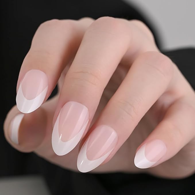 White French Tip Press on Nails Almond, Short Almond Fake Nails, Glossy Gel Finish Acrylic Press On Nails, Natural Glue On Nails, Reusable Stick On Fake Nails for Women, 30Pcs 15 Sizes