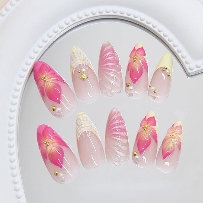 24Pcs Pink Flower Press on Nails Medium Almond French Tip Fake Nails with Gold Shell Pearl Rhinestones Design Summer Full Cover Artificial Glue on Nails Cute Acrylic Stick on Nails for Women DIY