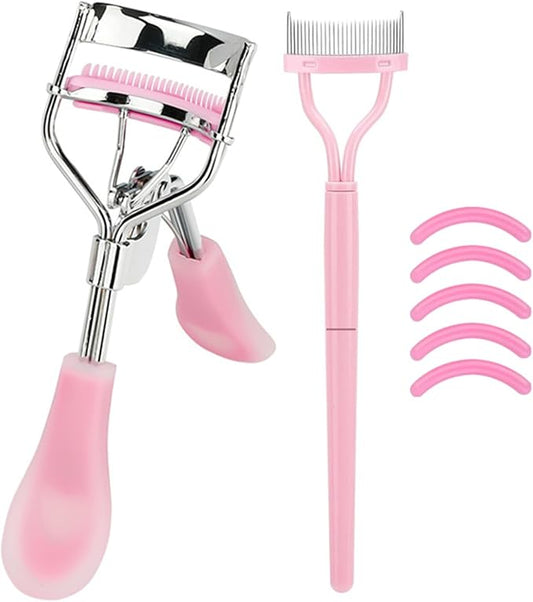 Stainless Steel Eyelash Curler with Comb and Eyelash Brush Fit Suitable for Any Eye Shapes and Sizes, with 5 Silicone Refill Pads (Hazy Pink Set)