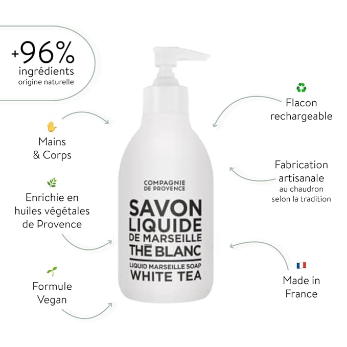Compagnie de Provence Savon de Marseille Liquid Soap - White Tea - 10 Fl Oz Glass Pump Bottle
