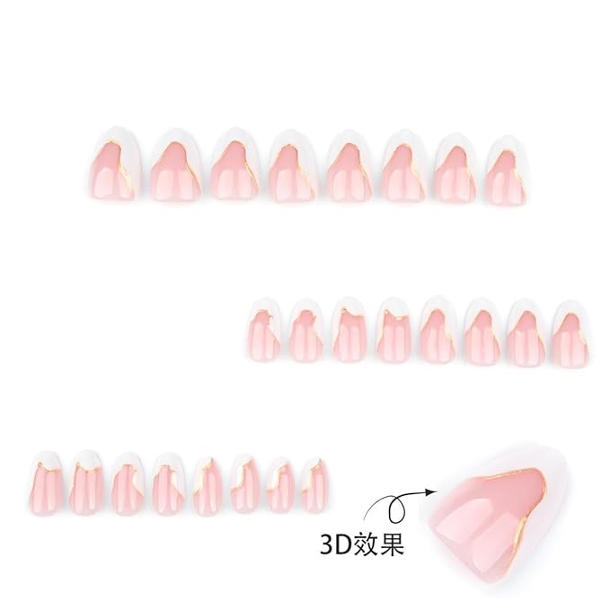 White Nail Press ons French Tip Press on Nails Gold Line Fake Nails Short Almond False Nails Glossy Glue on Nails Reusable Artificial Acrylic Full Cover Stick on Nails for Women Girls Manicure 24Pcs