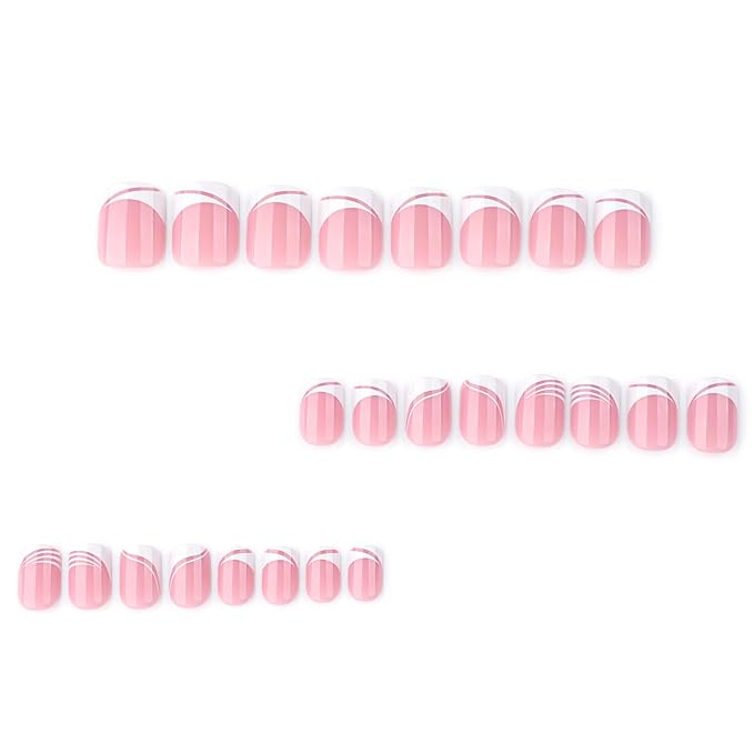 French Tip Press On Nails Summer Acrylic for Women - Designer Fake Nails Short Square 24PCS, Glossy Soft Gel with Glue, Outdoor Picnic/Wedding/Party Reusable Stick On Nails Gift