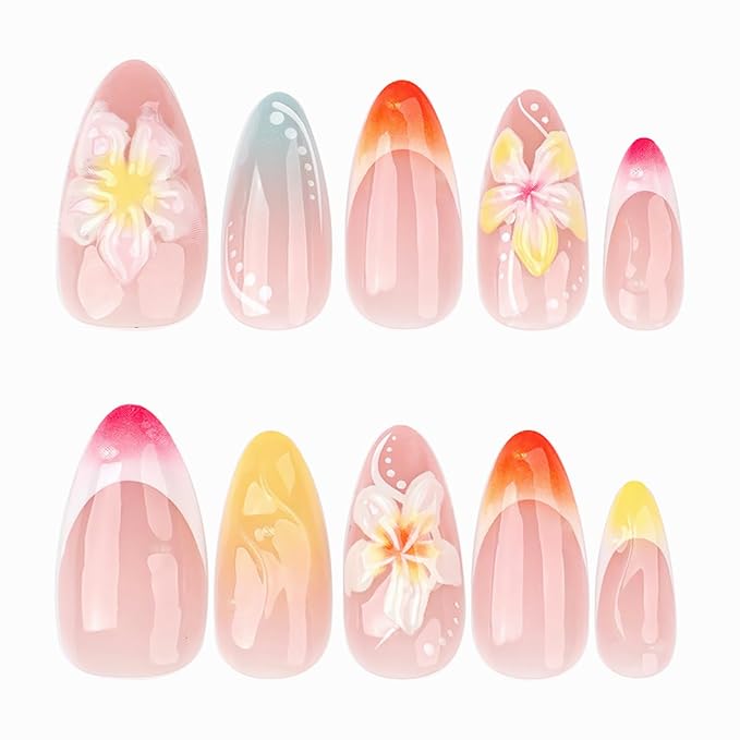 24Pcs French Tip Press on Nails Short Almond Fake Nails 3D White Flowers Design Glossy Full Cover Stick on Nails Artificial Cute Nails Spring Summer False Nails for Women Girls Acrylic Manicure DIY