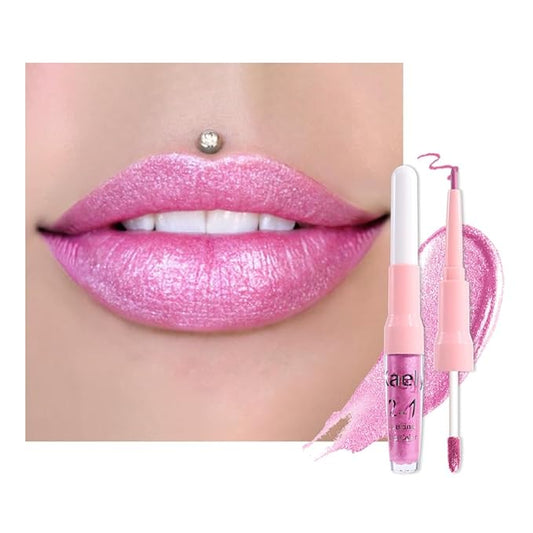 evpct Pink Metallic Glitter Lip Liner and Lipstick Combo Lip Gloss Stain Set Makeup for Women Long Lasting Waterproof 24, Rose Pink Metallic Shimmer Frosted Iridescent Glossy Liquid Lipstick 21