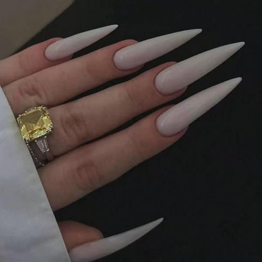 Almond Press on Nails Long Solid White Fake Nails Full Cover Glossy Stick on Reusable False Nails for Women 24 Pcs