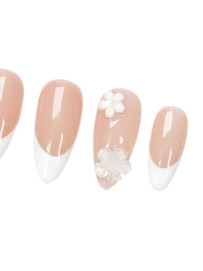 3D White Floral Press On Nails - Handmade Nude Base White French-Tip Medium Almond Salon Gel Acrylic Nails -Reusable Full Set 10pcs (Dancing Petals, Size S)