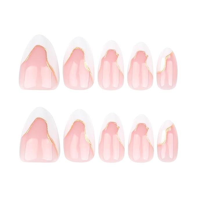 White French Tips Press on Nails 24Pcs 3D Curve Line Acrylic Full Cover Fake Nails Irregular Gel Glue on Fingernails Glossy Pink Medium Almond False Nail Curved Stick on Nail for Holiday Manicure Art