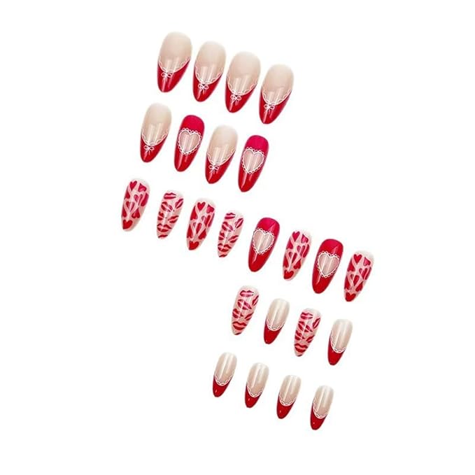 Red Press on Nails Heart Fake Nails French Tip Glue on Nail with Lip Print Design Reusable Glossy Full Cover Stick on Nail for Women Manicure 24Pcs