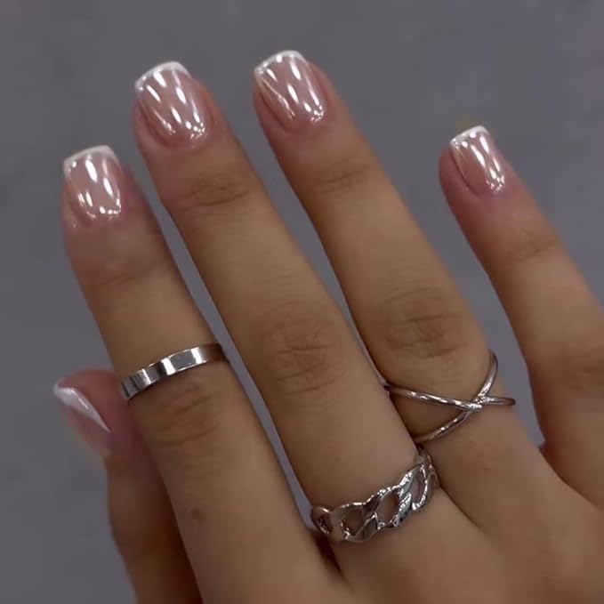 24Pcs French Tip Press on Nails Short Square Fake Nails Pearl Shine False Nail Glossy Glitter Acrylic Nail Full Cover Glue Stick on Nails French Tips Artificial Fingernails for Women