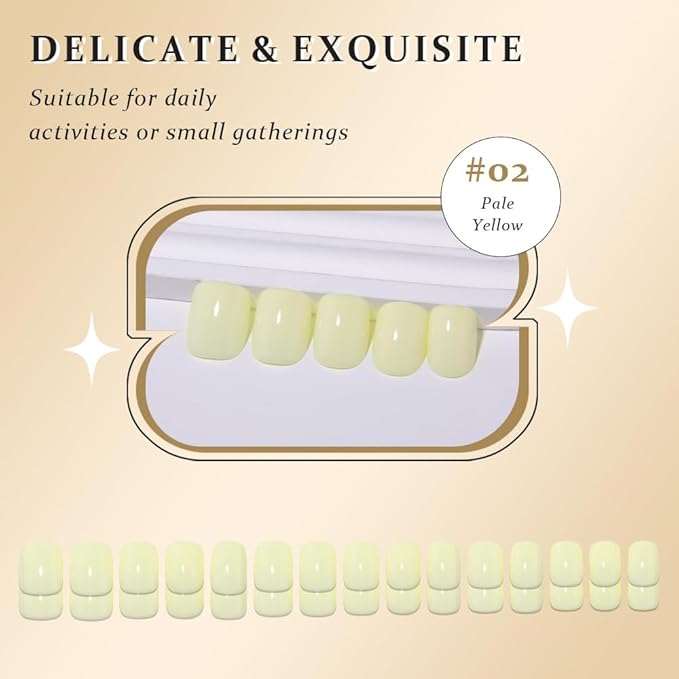 evpct Pale Yellow Glossy Press on Nails Short Square, Glossy Yellow Fake Nails Summer Reusable, Acrylic False Nail Stick Glue on Press ons for Women Gifts, Perfectly Fit False Nail Kit with Glue 30Pcs