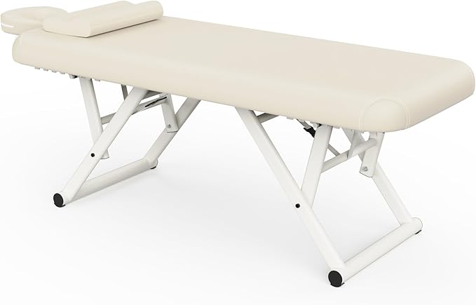 pouseayar Adjustable Massage Table with Face Pillow & Headrest, Sturdy and Solid, Silent and Easy to Adjust for Treatment Table Physical Therapy Table Spa Facial Bed - Fixed Backrest, Beige Gray