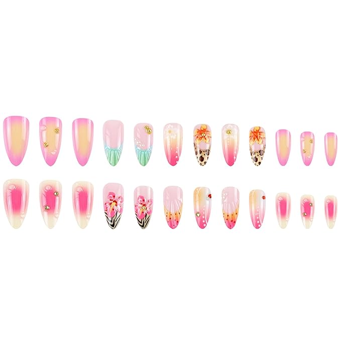 24pcs Pink Press on Nails Medium Almond Fake Nails with 3D Flower Pearl Water Drop Designs Gold Beads Glue on Nails French Tip False Nails French Gradient Full Cover Stick on Nails for Women