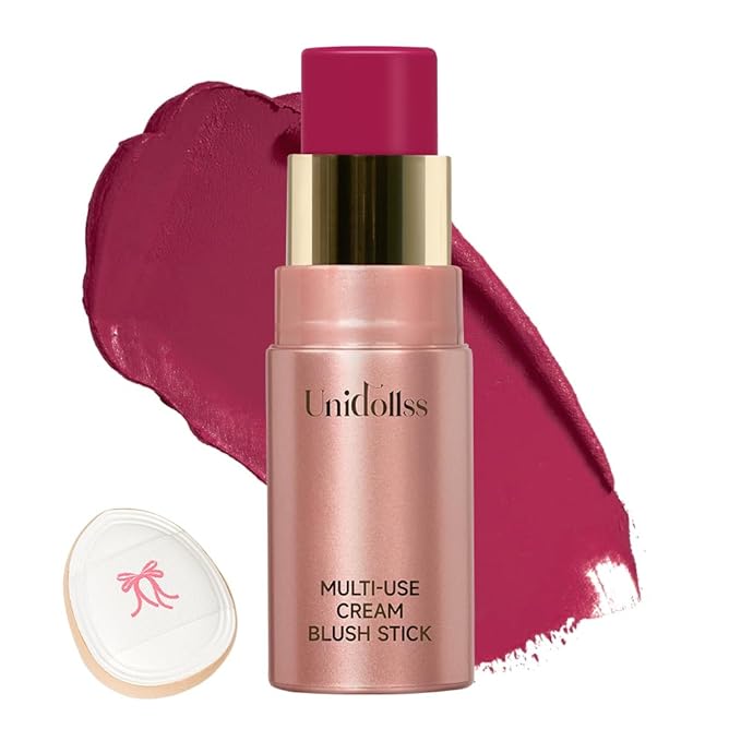 Multi-Use Makeup Cream Blush Stick, Unidollss 3-in-1 Buildable Blush Stick for Cheeks, Eyes, and Lips, Hydrating formula, All day wear, Easy Application with Thumb Puff Included (04 FLIRT)
