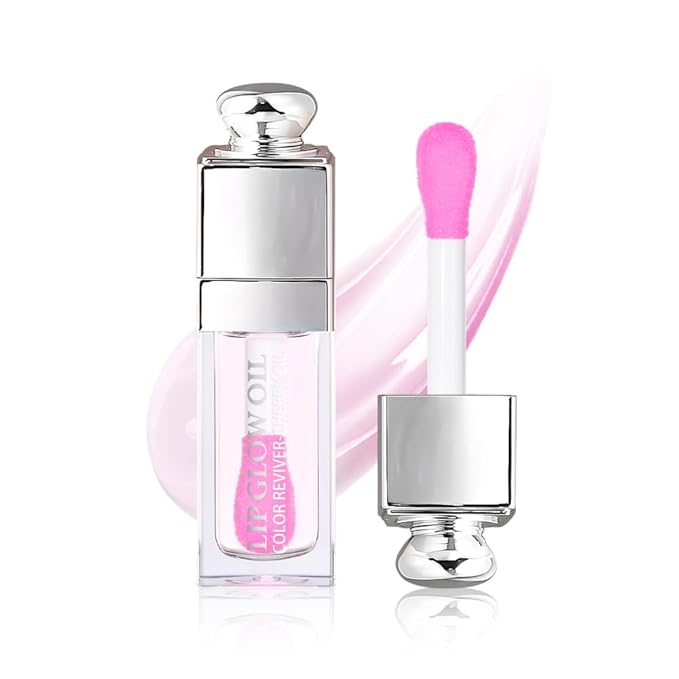Hydrating Lip Glow Oil, Lip Oil Gloss Transparent Toot Tinted Nourishing Long Lasting Repairing Lightening Lip Lines (CLEAR TO PINK) 0.2 OZ