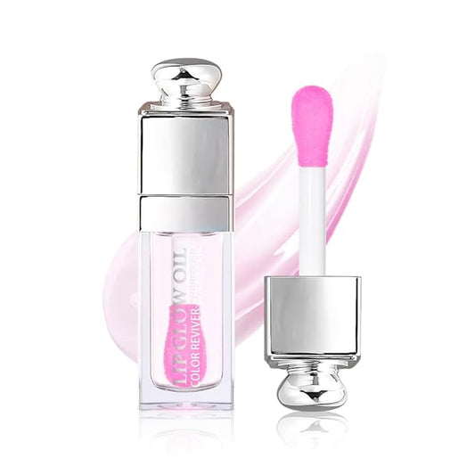 Hydrating Lip Glow Oil, Lip Oil Gloss Transparent Toot Tinted Nourishing Long Lasting Repairing Lightening Lip Lines (CLEAR TO PINK) 0.2 OZ