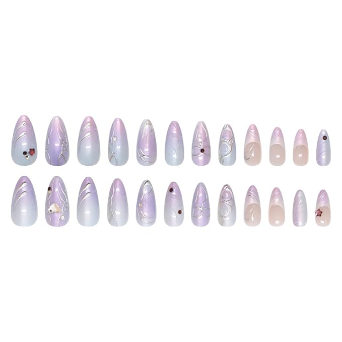 24Pcs Purple Press on Nails Medium Almond Fake Nails Star Heart Rhinestones Glitter Design Full Cover Cute Bow Stick on Nails Silver Chrome Nails French Tip False Nails for Women Girls Acrylic Nails